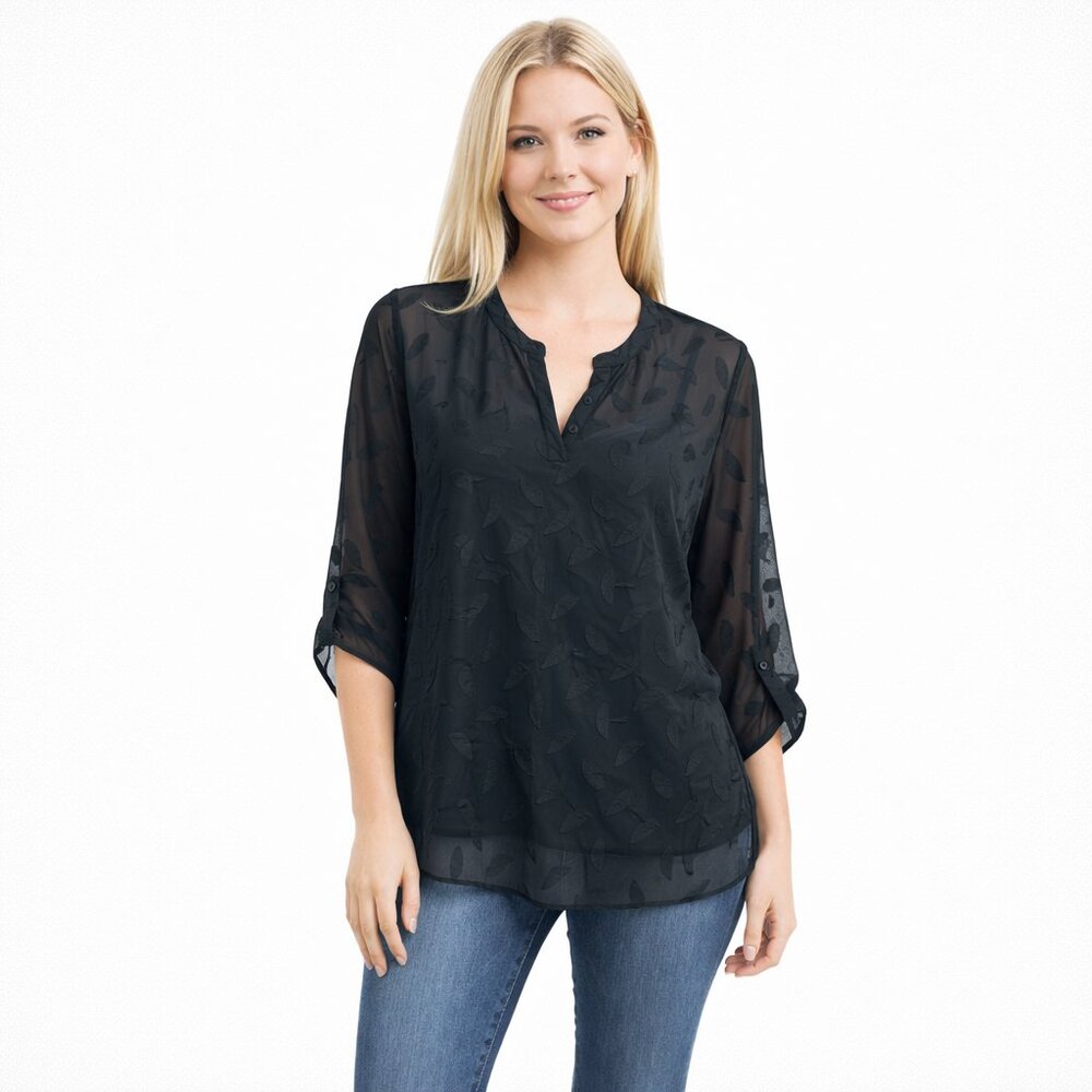 2/$30 Papermoon Embroidered Long Sleeve Notched Sheer Blouse Black Petite #A1512